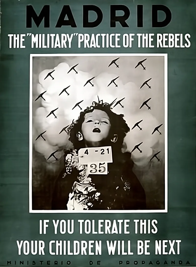Carteles propagandísticos de la República Española denunciando los bombardeos sobre civiles en Madrid.