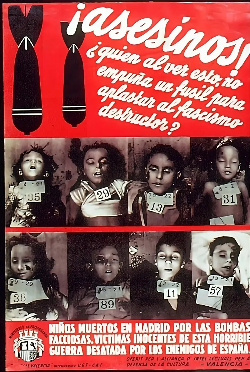 Carteles propagandísticos de la República Española denunciando los bombardeos sobre civiles en Madrid.