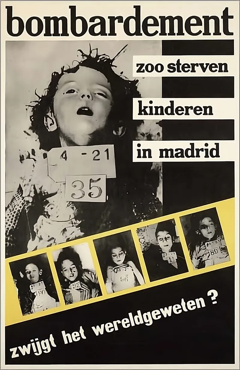 Carteles propagandísticos de la República Española denunciando los bombardeos sobre civiles en Madrid.