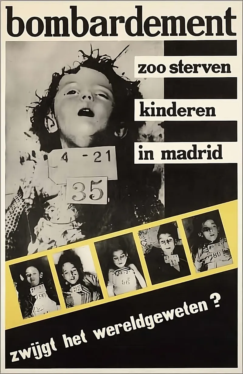 Carteles propagandísticos de la República Española denunciando los bombardeos sobre civiles en Madrid.